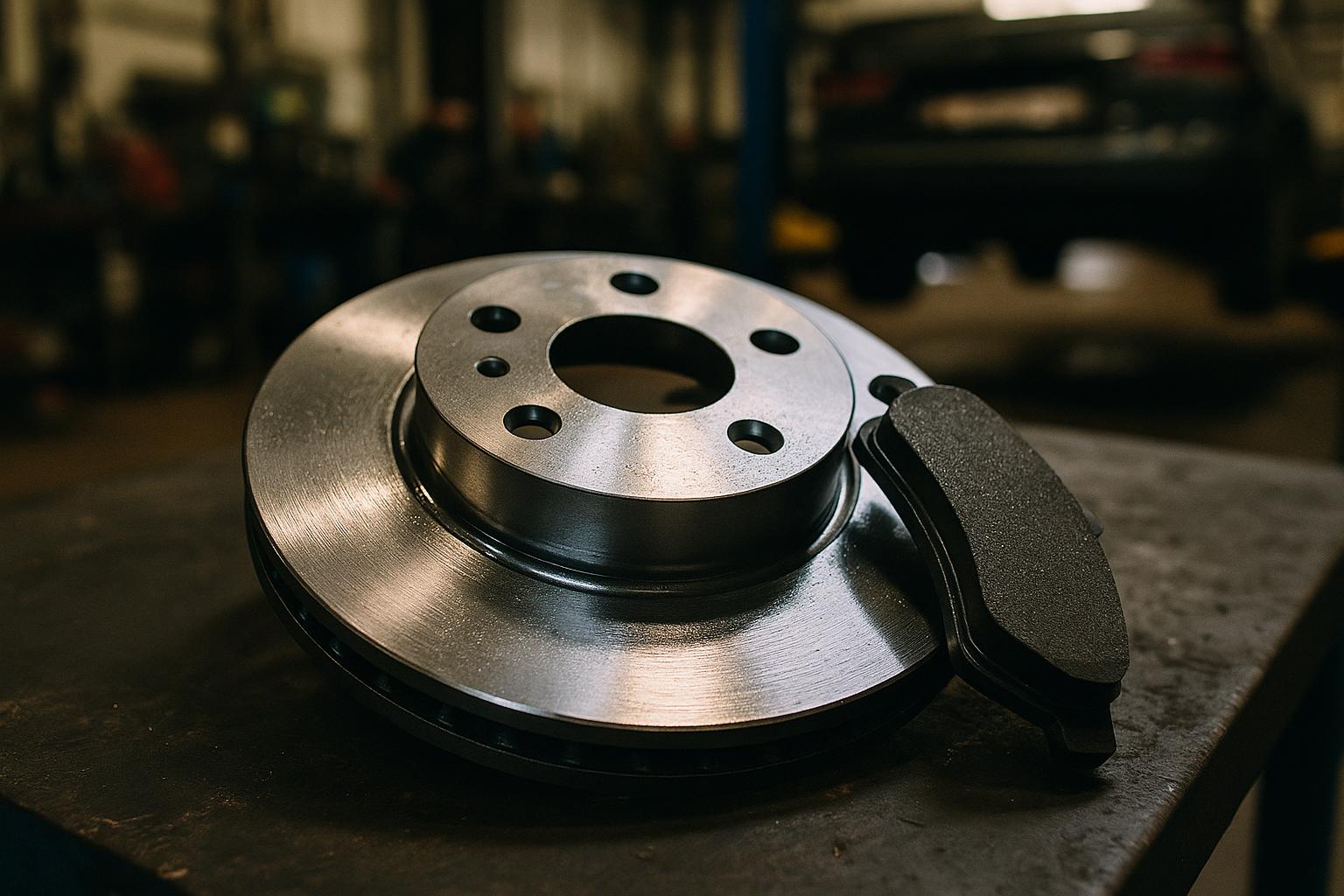 New brake disc and pad on a workshop bench