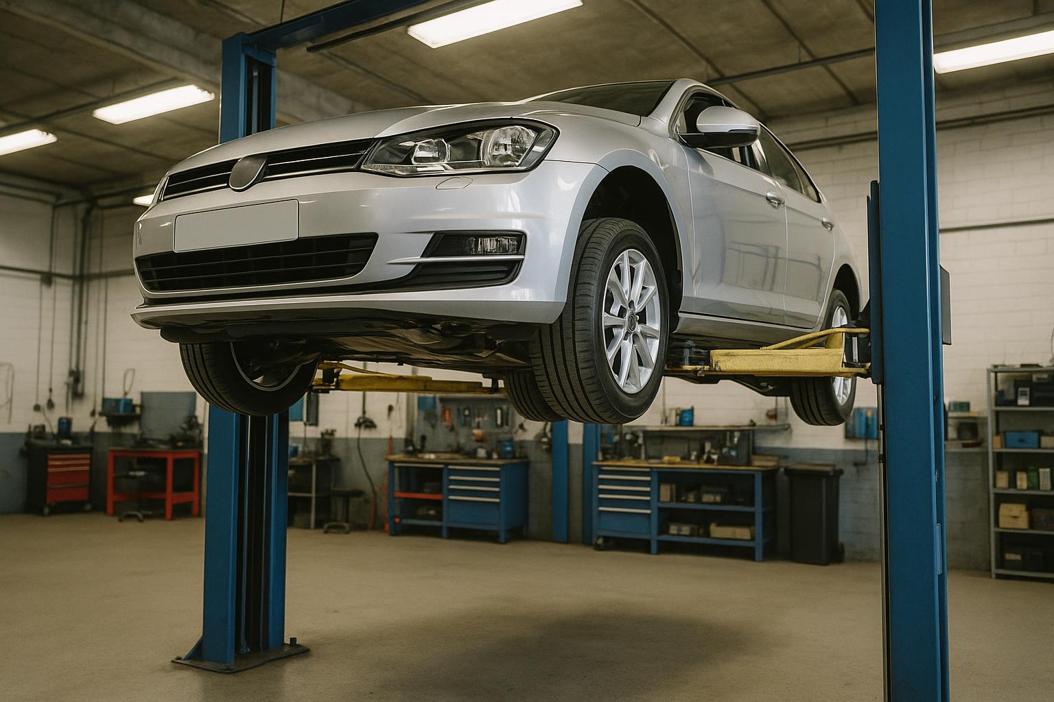 Car raised on a two-post ramp for inspection