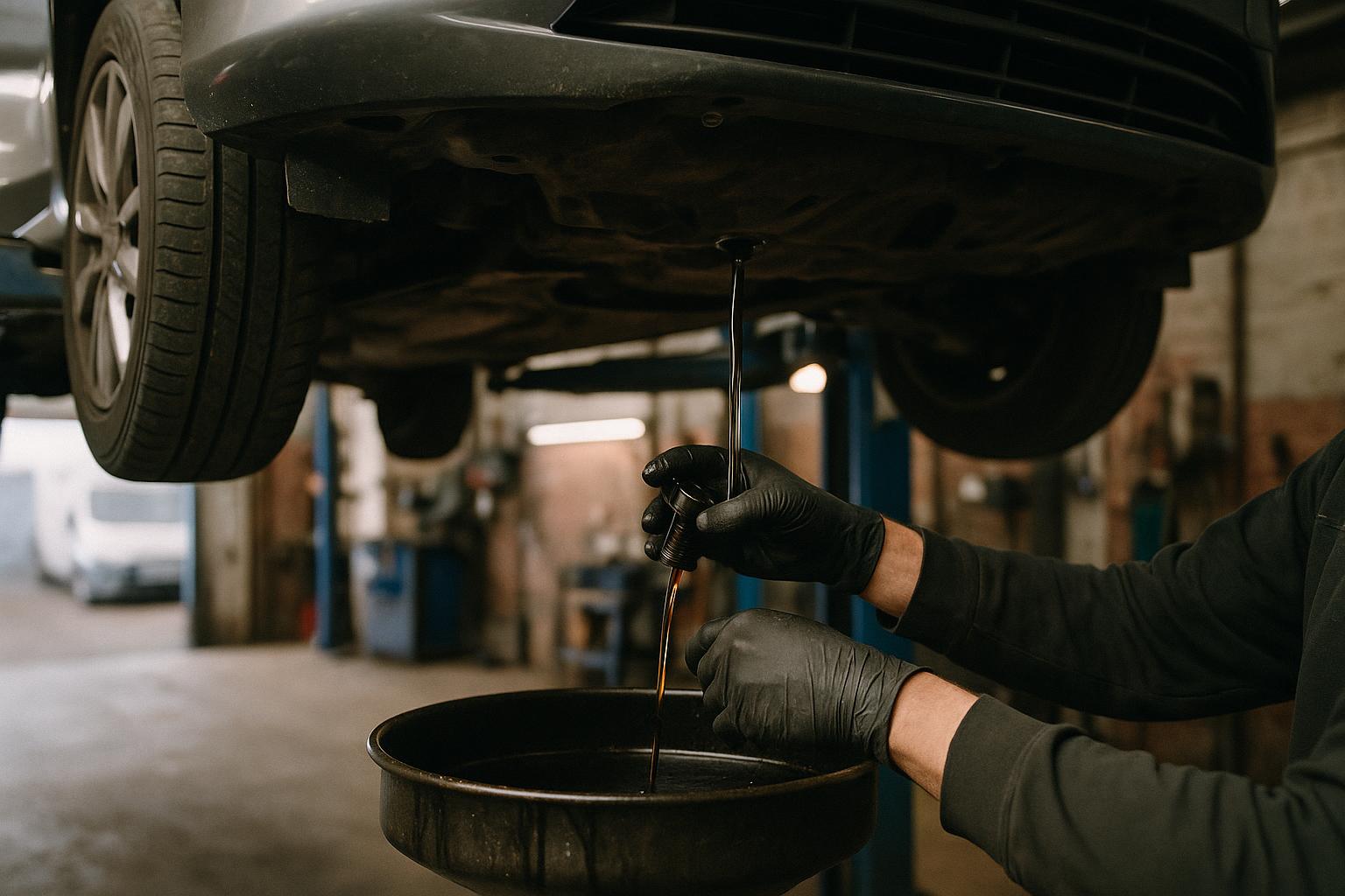 Oil and filter change under a car on a ramp