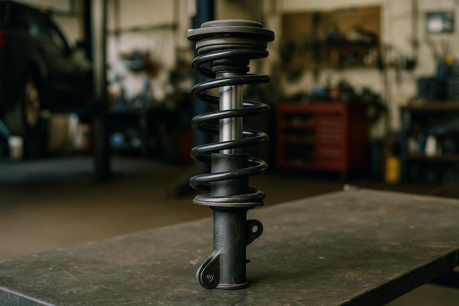 Coil spring and shock absorber strut on a bench