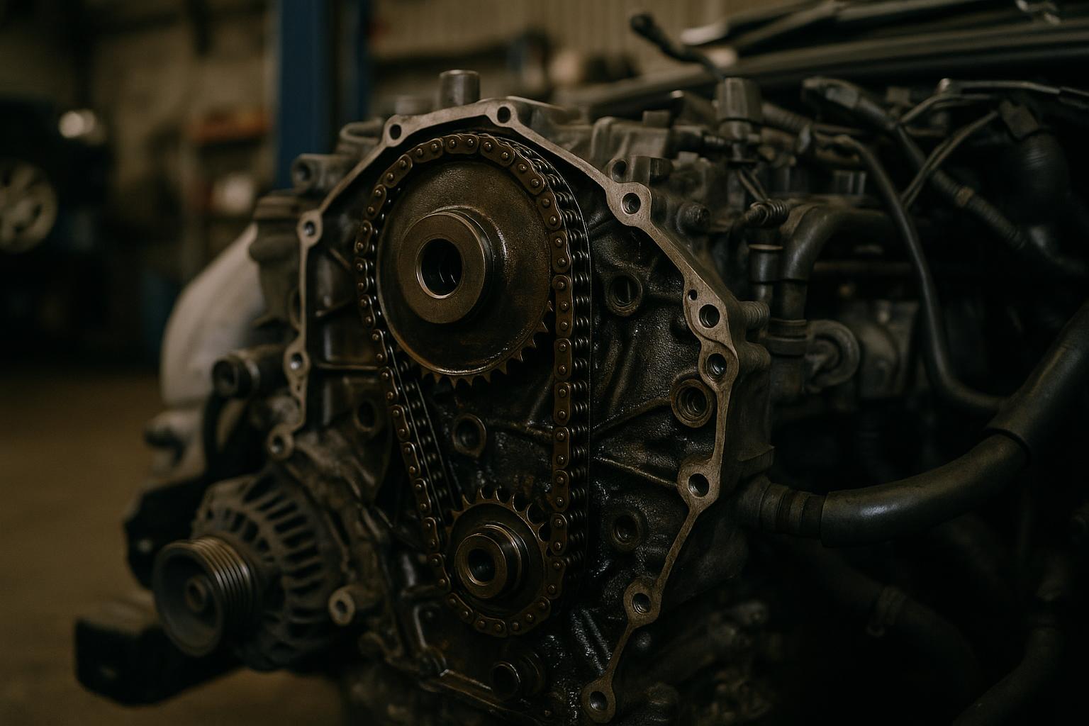 Engine timing chain and sprockets with the cover off