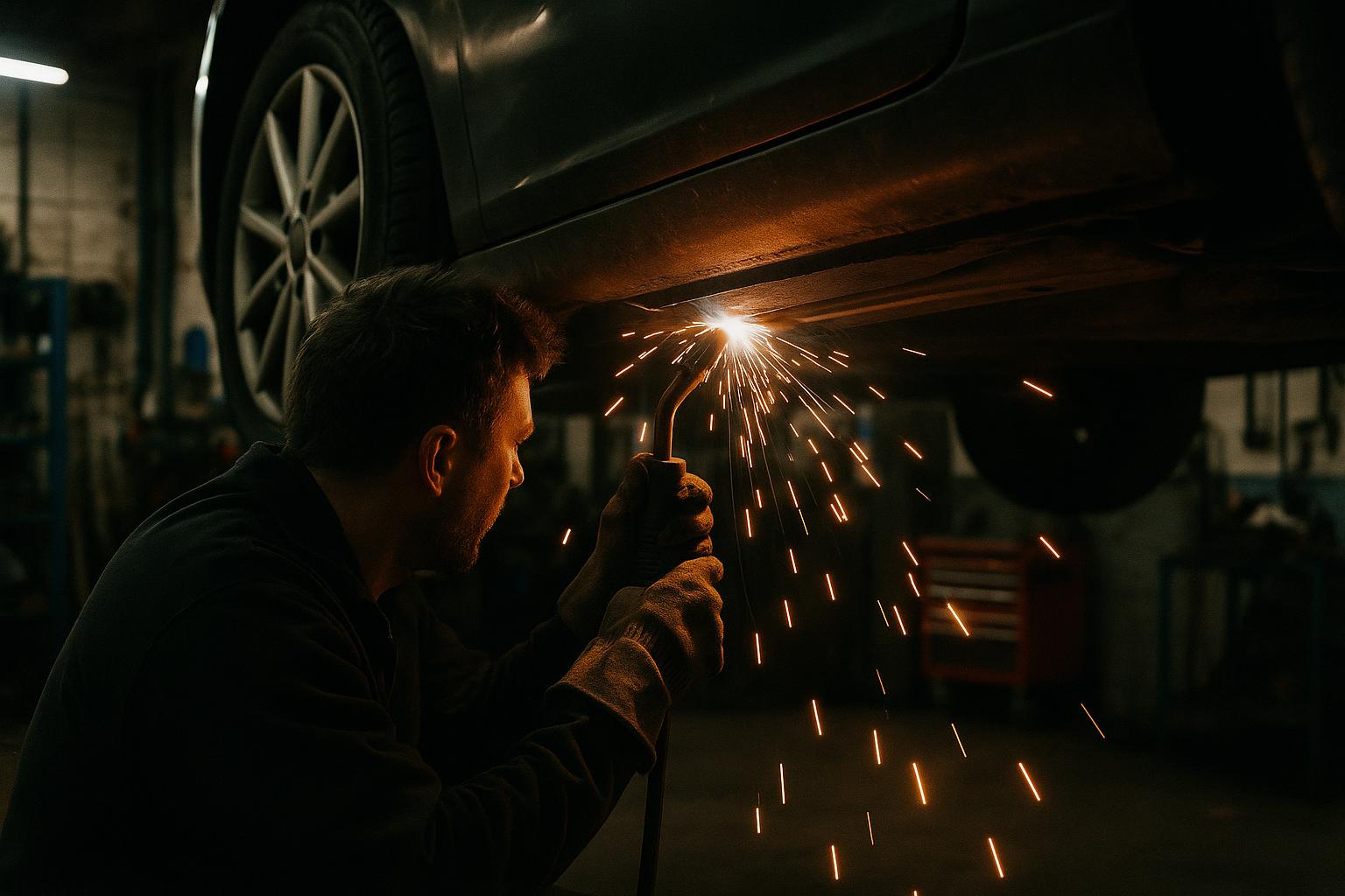 Welding a car sill from underneath, sparks flying