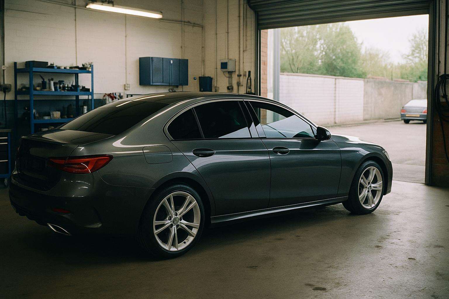 Car with freshly tinted windows in the workshop